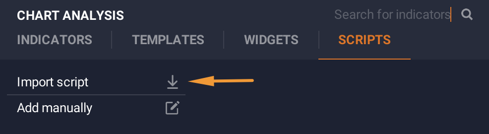IQ Option Scripts tab with Import script highlighted