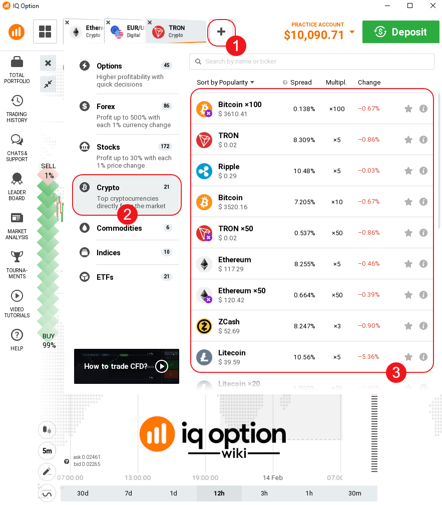 choice of 21 cryptocurrencies at iq option