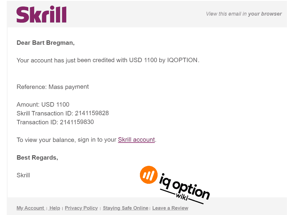 Skrill notice: account credited by IQOPTION, mass payment