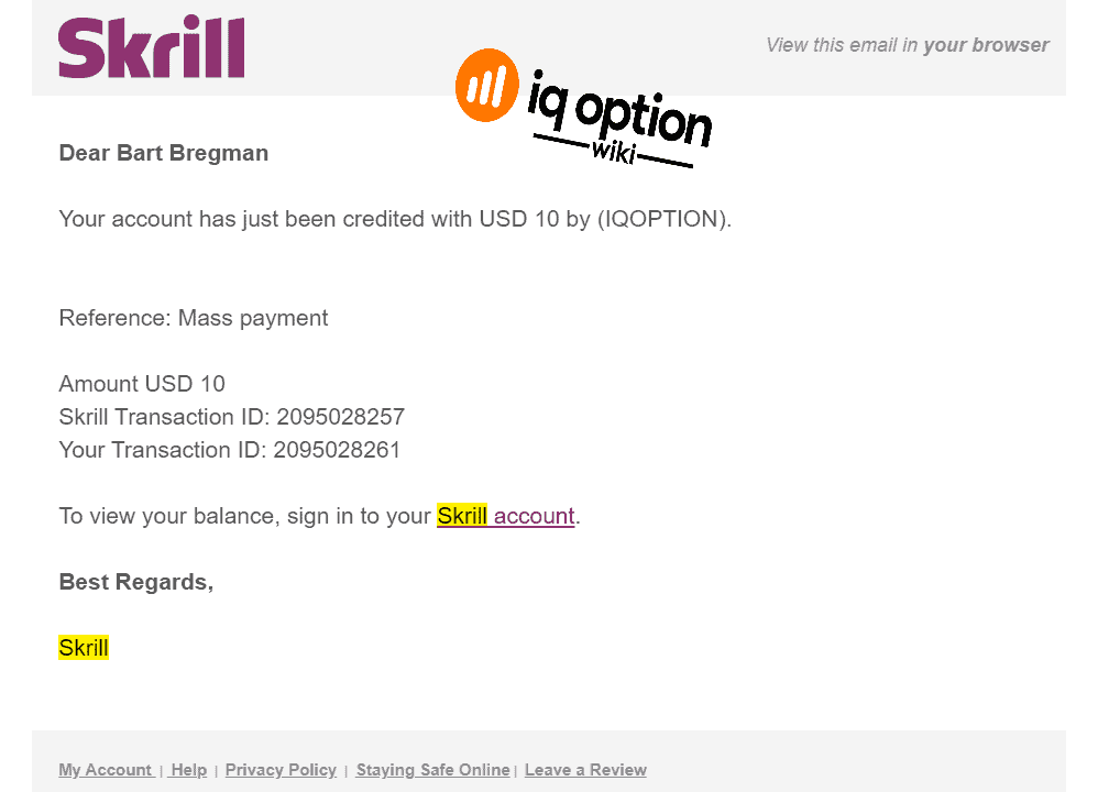 Skrill notice: account credited with USD 10 by IQOPTION