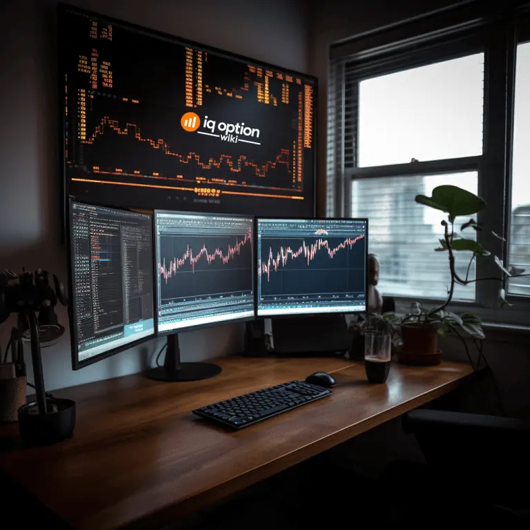 Organized desk with a computer displaying trading charts