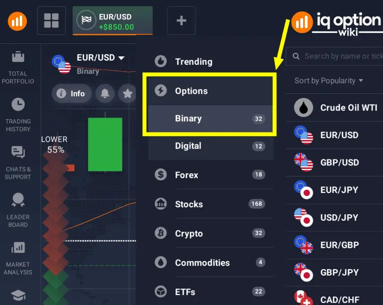 Example of an IQ Option instrument selector