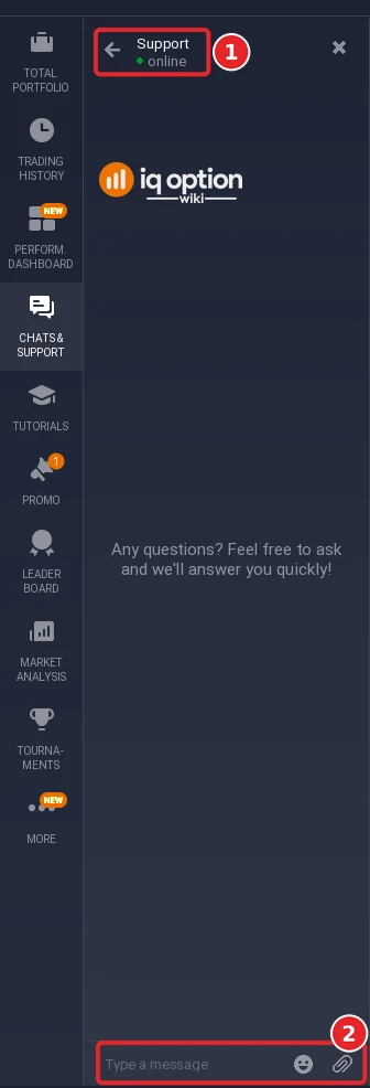 IQ Option support chat opened inside the traderoom with the online header and the message field at the bottom