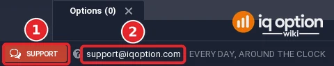 IQ Option traderoom footer with the red Support button and the support email address with the note every day around the clock