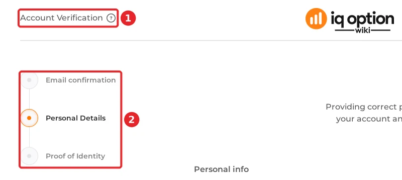 IQ Option Account Verification page with the steps email confirmation, personal details and proof of identity