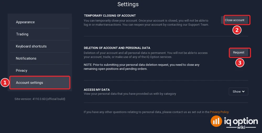 IQ Option Settings Account settings page with the Close account and Request deletion buttons