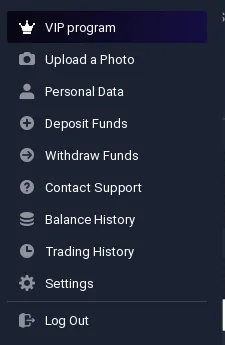 IQ Option account menu with Deposit Funds, Withdraw Funds, Contact Support and Settings