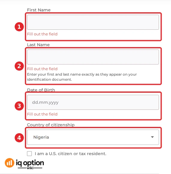 IQ Option Personal Details form on a Nigerian account after pressing Submit with empty fields: Fill out the field under first name, last name and date of birth, citizenship Nigeria