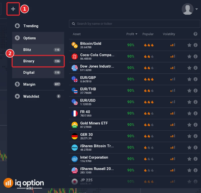 Asset menu with the + button (1) and Binary under Options (2)