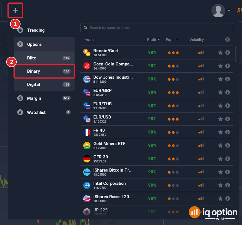 Asset menu with the + button (1) and Binary under Options (2)
