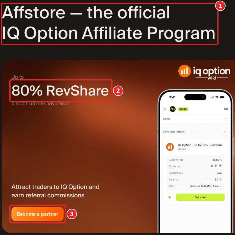 IQ Option official affiliate program page (Affstore) with Up to 80% RevShare and the Become a partner button