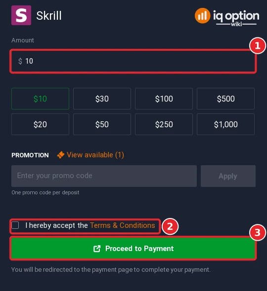 The Skrill deposit form with the amount, terms box and Proceed to Payment button