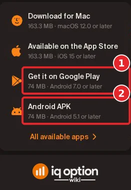 IQ Option Download App menu: Get it on Google Play (74 MB, Android 7.0 or later) and Android APK (74 MB, Android 5.1 or later)