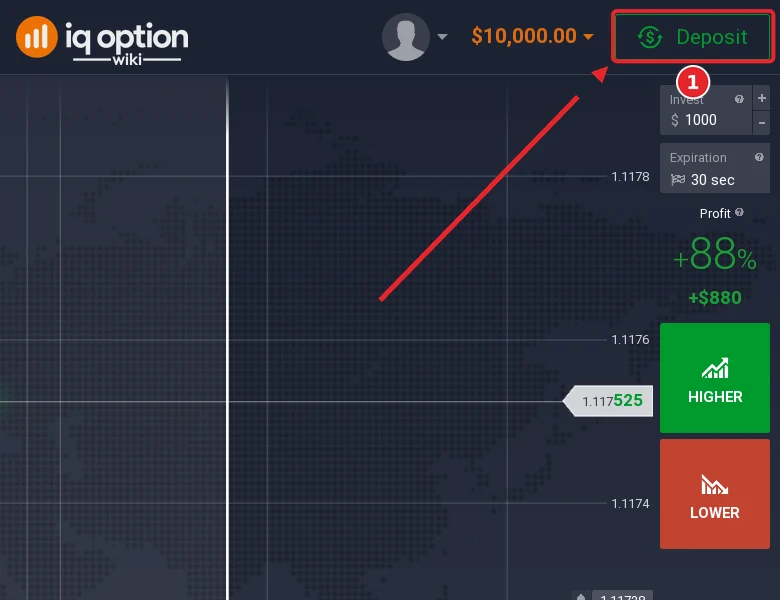 Step 1: the Deposit button in the IQ Option traderoom, on an account registered in Argentina