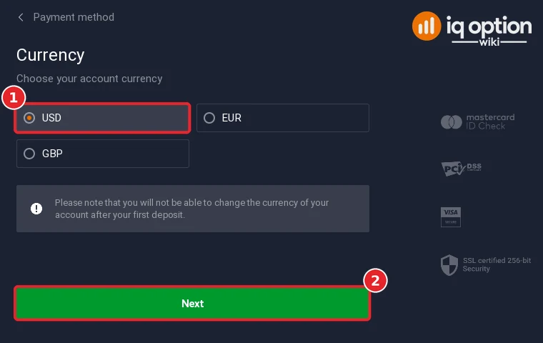 Step 4: choosing USD as the account currency; Argentine accounts can choose USD, EUR or GBP