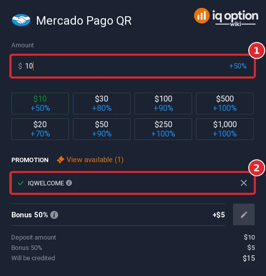 Step 5: a Mercado Pago QR deposit of $10 with the IQWELCOME bonus code