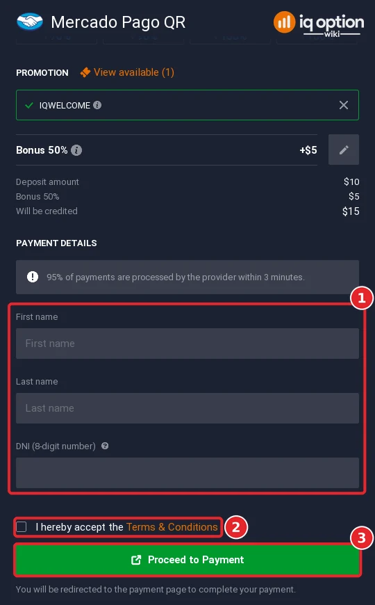 Step 6: Mercado Pago QR payment details on IQ Option: name and DNI