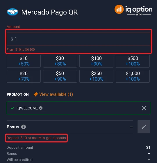 Mercado Pago QR accepts $10 to $6,300 on IQ Option; the bonus starts at $10