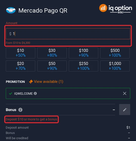 Mercado Pago QR accepts $10 to $6,300 on IQ Option; the bonus starts at $10