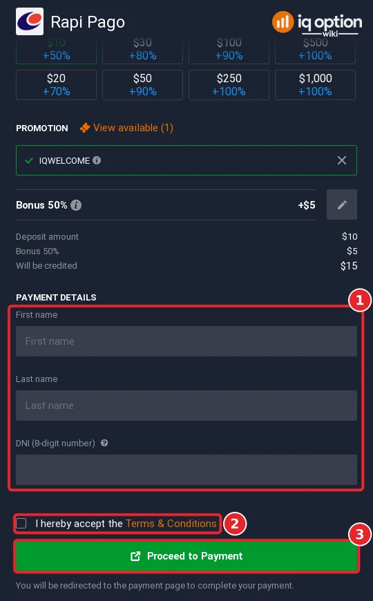 Rapi Pago payment details on IQ Option: name and DNI