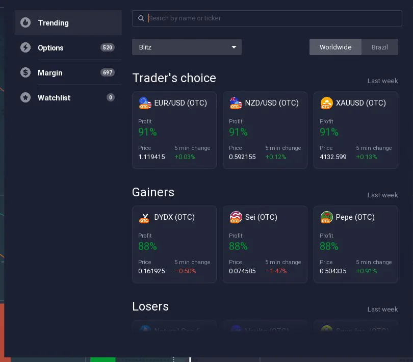 IQ Option asset menu: Trending, Options, Margin and Watchlist with search