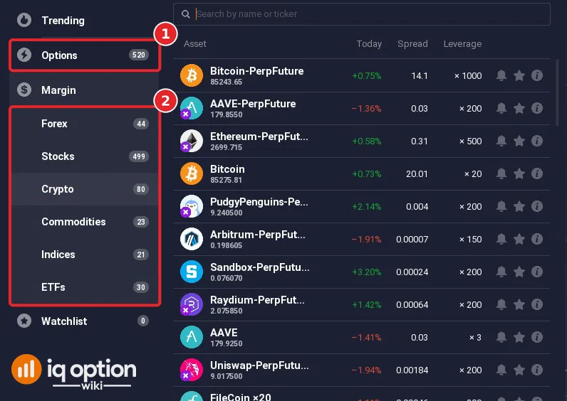 IQ Option asset menu on a Practice account: Options 520 and the margin categories forex 44, stocks 499, crypto 80, commodities 23, indices 21 and ETFs 30