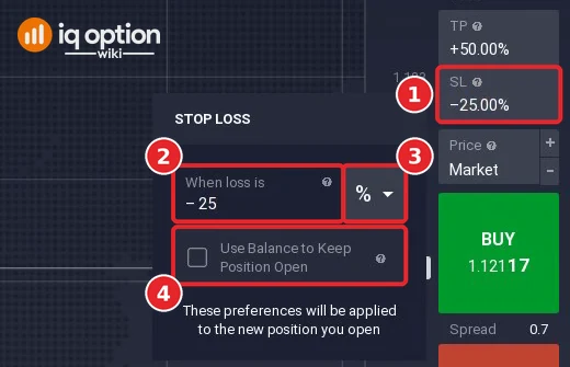 IQ Option STOP LOSS window with the When loss is value box showing minus 25, the percent unit selector and the unticked Use Balance to Keep Position Open checkbox
