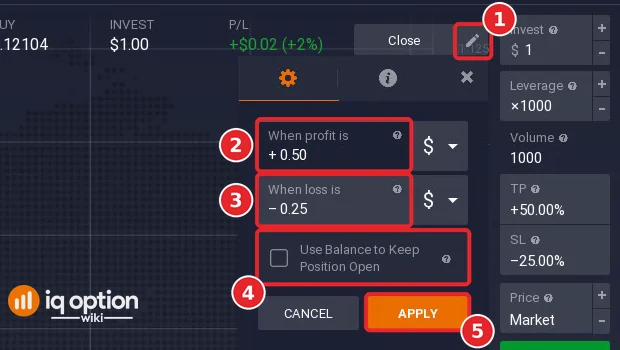 IQ Option edit window of an open position with When profit is +0.50 and When loss is -0.25 in dollars, the Use Balance to Keep Position Open checkbox and the Cancel and Apply buttons