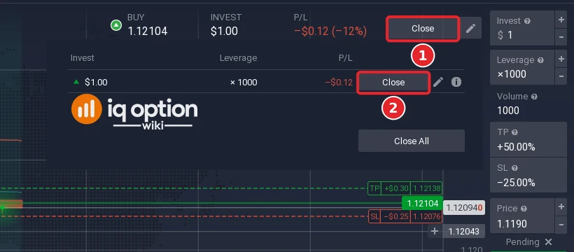 IQ Option open position bar with the Close button and the position list below it with a second Close button and Close All