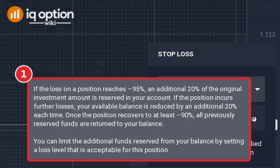 The help text next to the Use Balance to Keep Position Open checkbox of the stop loss window: if the loss on a position reaches 95 percent, an additional 20 percent of the original investment amount is reserved in your account