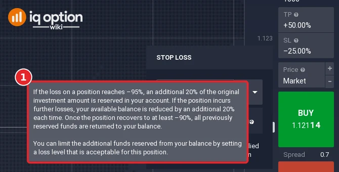 IQ Option help text shown next to the Use Balance to Keep Position Open checkbox, describing an extra 20 percent of the investment reserved when the loss reaches 95 percent