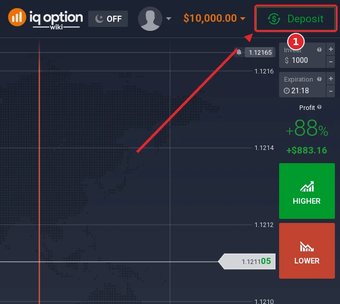 Step 1: the Deposit button in the IQ Option traderoom, on an account registered in Bangladesh