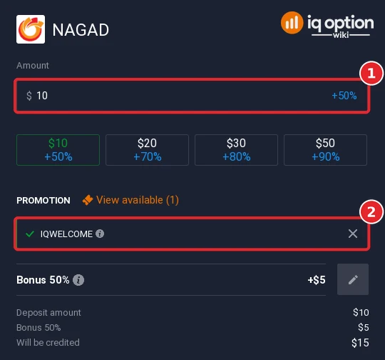 Step 5: a $10 NAGAD deposit with the IQWELCOME bonus code applied