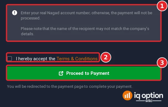 Step 6: the NAGAD form on IQ Option: the note about your Nagad account number, the terms and Proceed to Payment