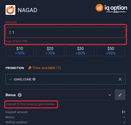 NAGAD accepts $10 up to about $200 on IQ Option (the field showed $195 on one pass and $200 on the next); the bonus starts at $10