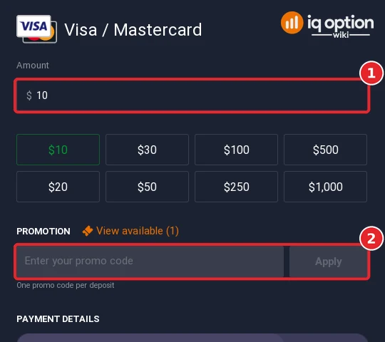 Step 5: a 10 dollar card deposit; the promotion box is an empty promo-code field