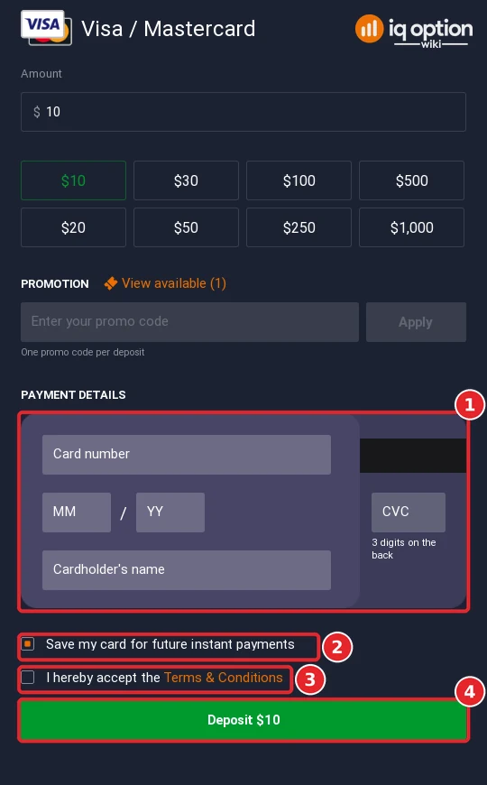 Step 6: the card details form with the save-card box, the terms box and the Deposit 10 dollar button