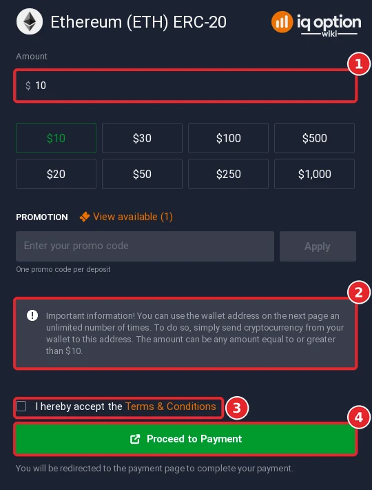 The Ethereum (ETH) ERC-20 deposit form with the wallet-address note and Proceed to Payment button