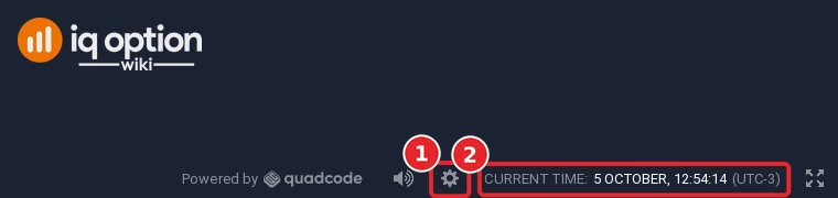 IQ Option traderoom footer with the gear button for Settings and the Current time clock showing 5 October, 12:54:14 (UTC-3)