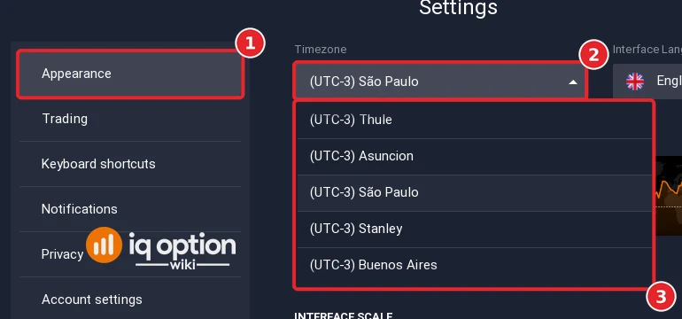 IQ Option Settings, Appearance tab, with the Timezone list open showing UTC-3 time zones such as Sao Paulo and Buenos Aires