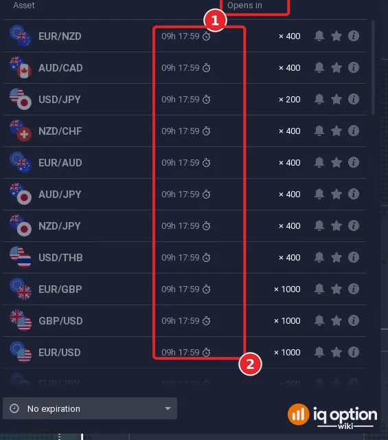 IQ Option margin forex list on a Sunday with an Opens in countdown of 09h 17:59 next to every pair