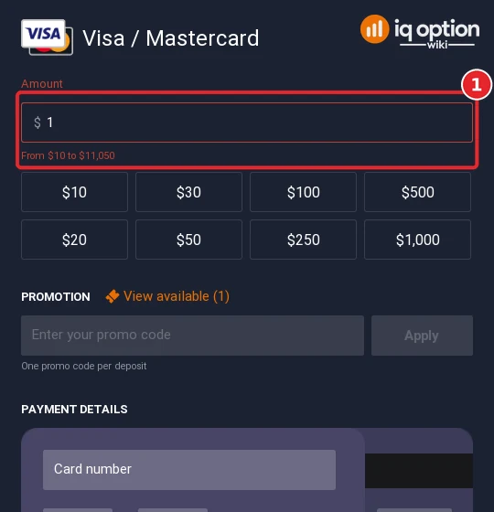 Typing 1 dollar shows the card range from 10 to 11,050 dollars