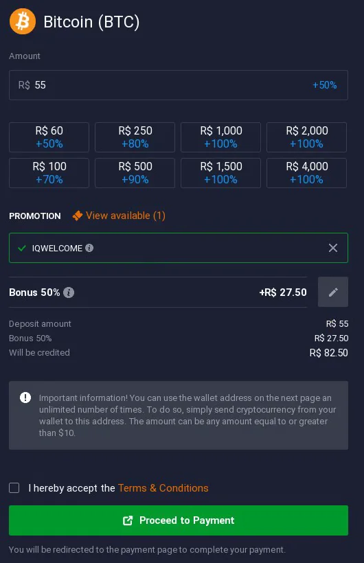 IQ Option Bitcoin deposit step: amount, bonus code and the note that the wallet address accepts any amount from $10