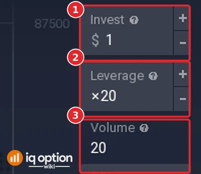 IQ Option order panel for Bitcoin in the Crypto group with the Invest box at $1 (1), the Leverage box at x20 (2) and the Volume 20 (3)