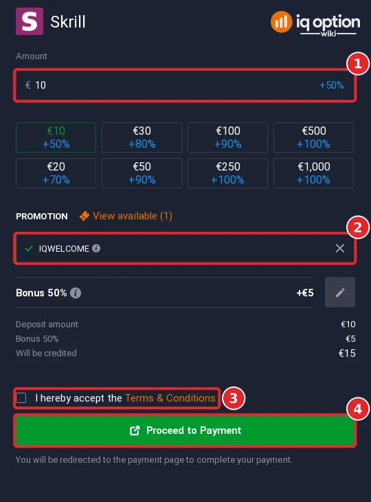 The Skrill deposit form with the amount, bonus code, terms box and Proceed to Payment button