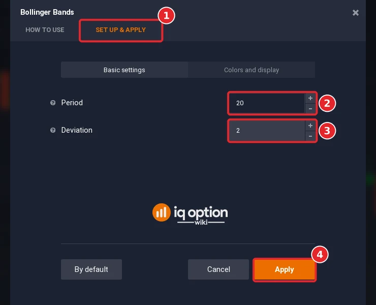 Bollinger Bands dialog with the Set up and apply tab (1), Period 20 (2), Deviation 2 (3) and the Apply button (4)