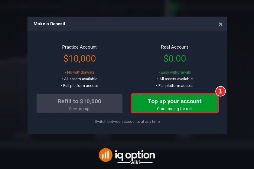 Step 2: Top up your account in the Make a Deposit window; the real account starts at zero