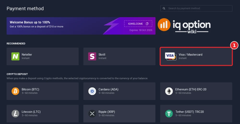 Step 3: the IQ Option cashier for Bosnia and Herzegovina, with Visa / Mastercard selected next to Neteller and Skrill