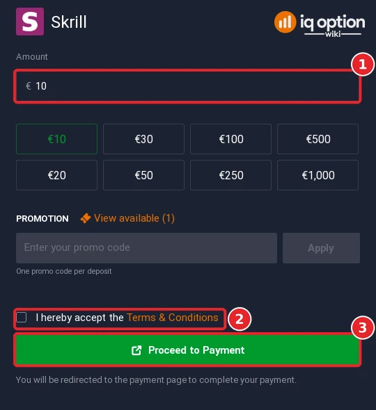 The Skrill deposit form with the amount, terms box and Proceed to Payment button