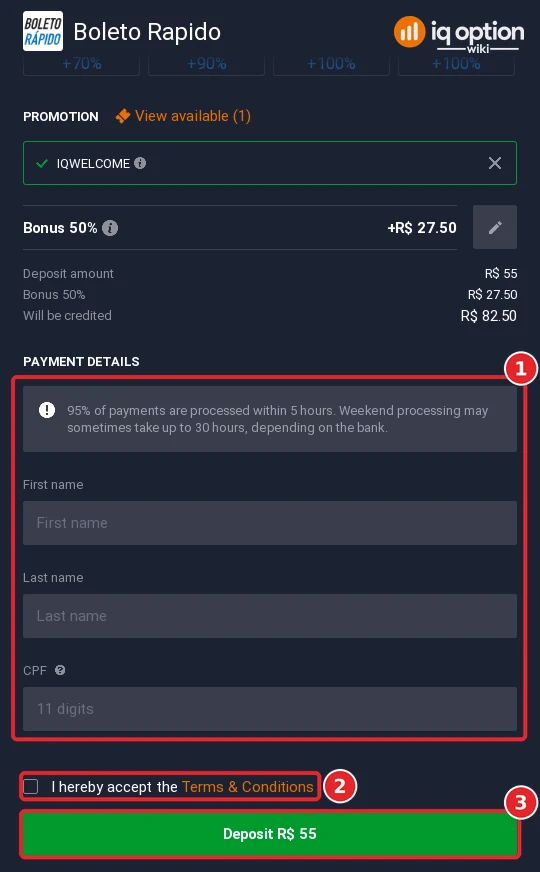 Boleto Rapido payment details on IQ Option: first name, last name and CPF